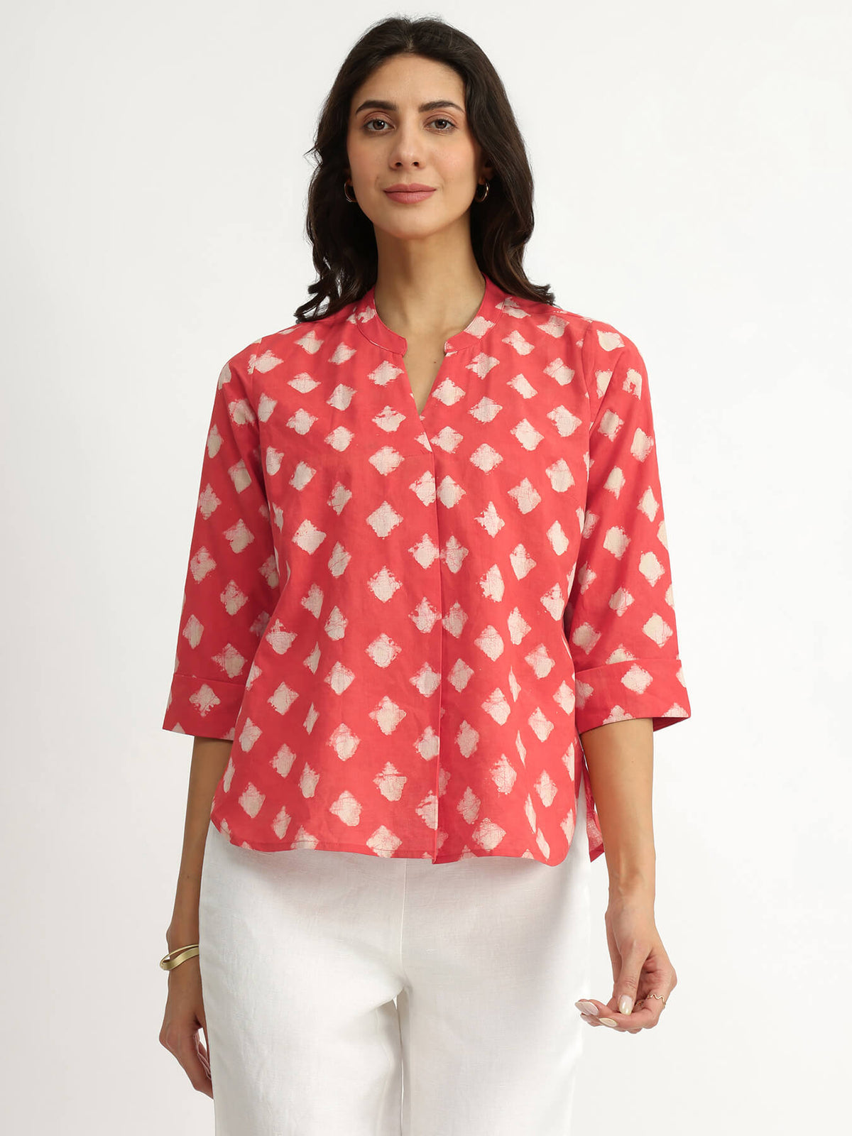 Cotton Dabu Geometric Print Top - Peach