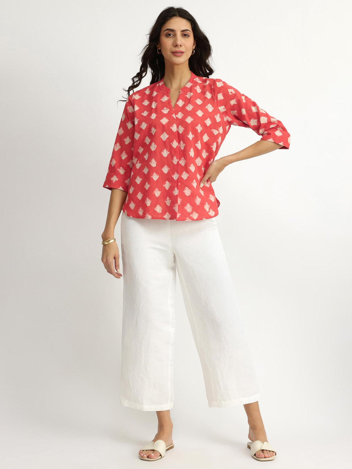 Cotton Dabu Geometric Print Top - Peach