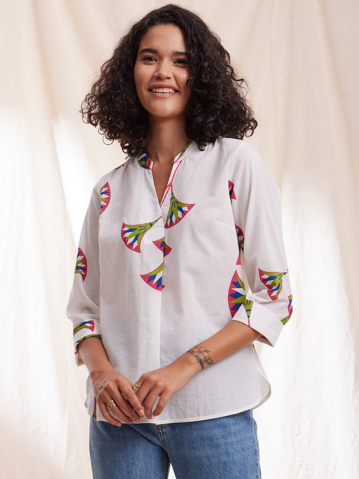 Cotton Floral Shirt Style Top - White
