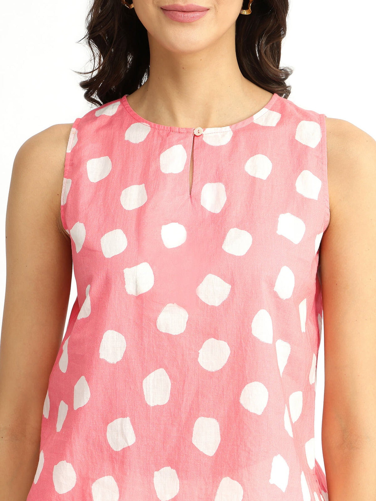 Cotton Polka Sleeveless Top - Peach