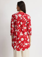 Cotton Floral Pleated V-Neck Tunic - Red & White