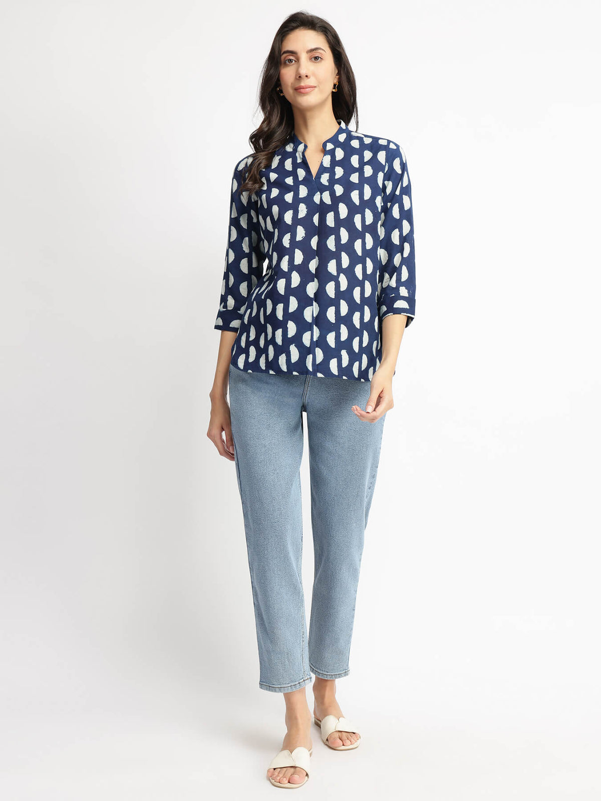 Cotton Dabu Half Polka Print Top - Indigo