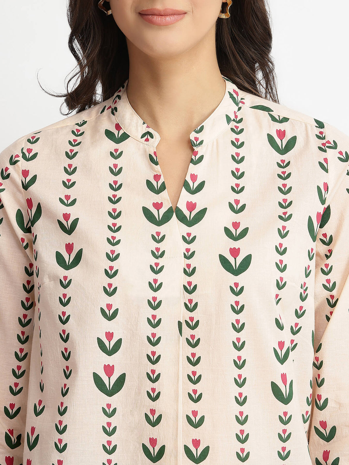 Cotton Floral Motif Top - Off-White & Green