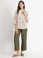Cotton Floral Motif Top - Off-White & Green