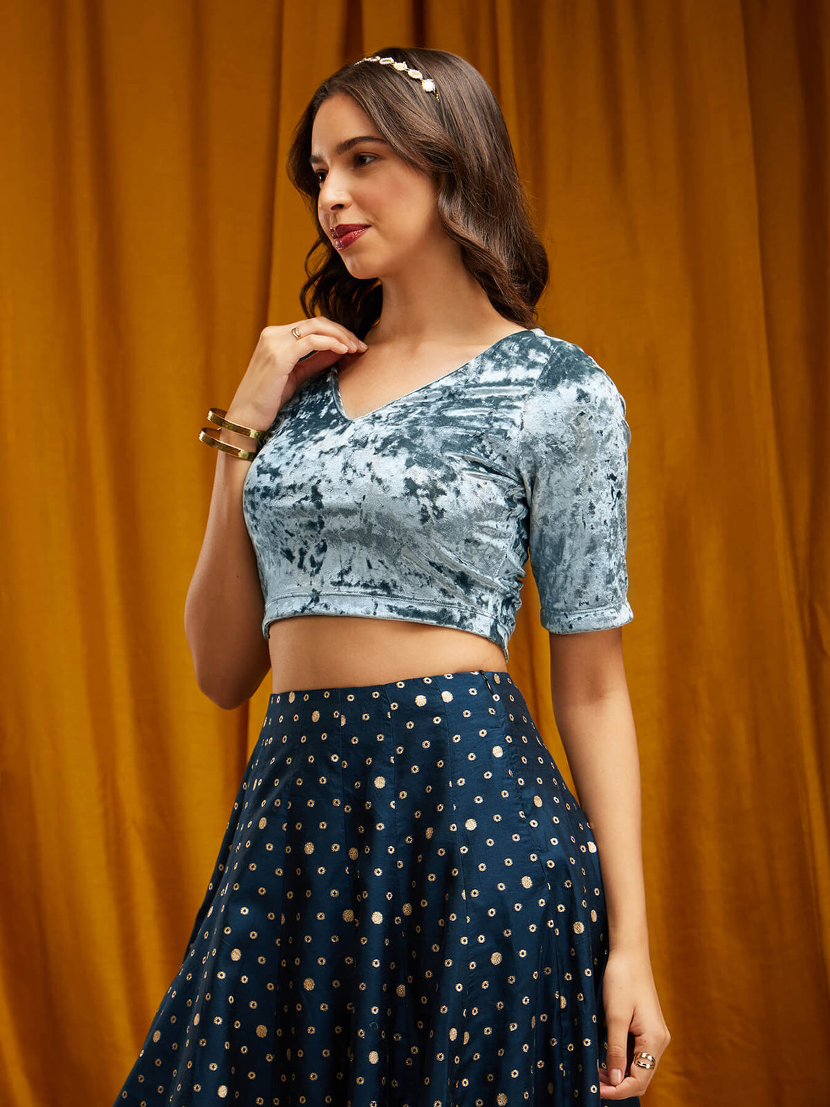 Velvet V-Neck Blouse - Light Blue