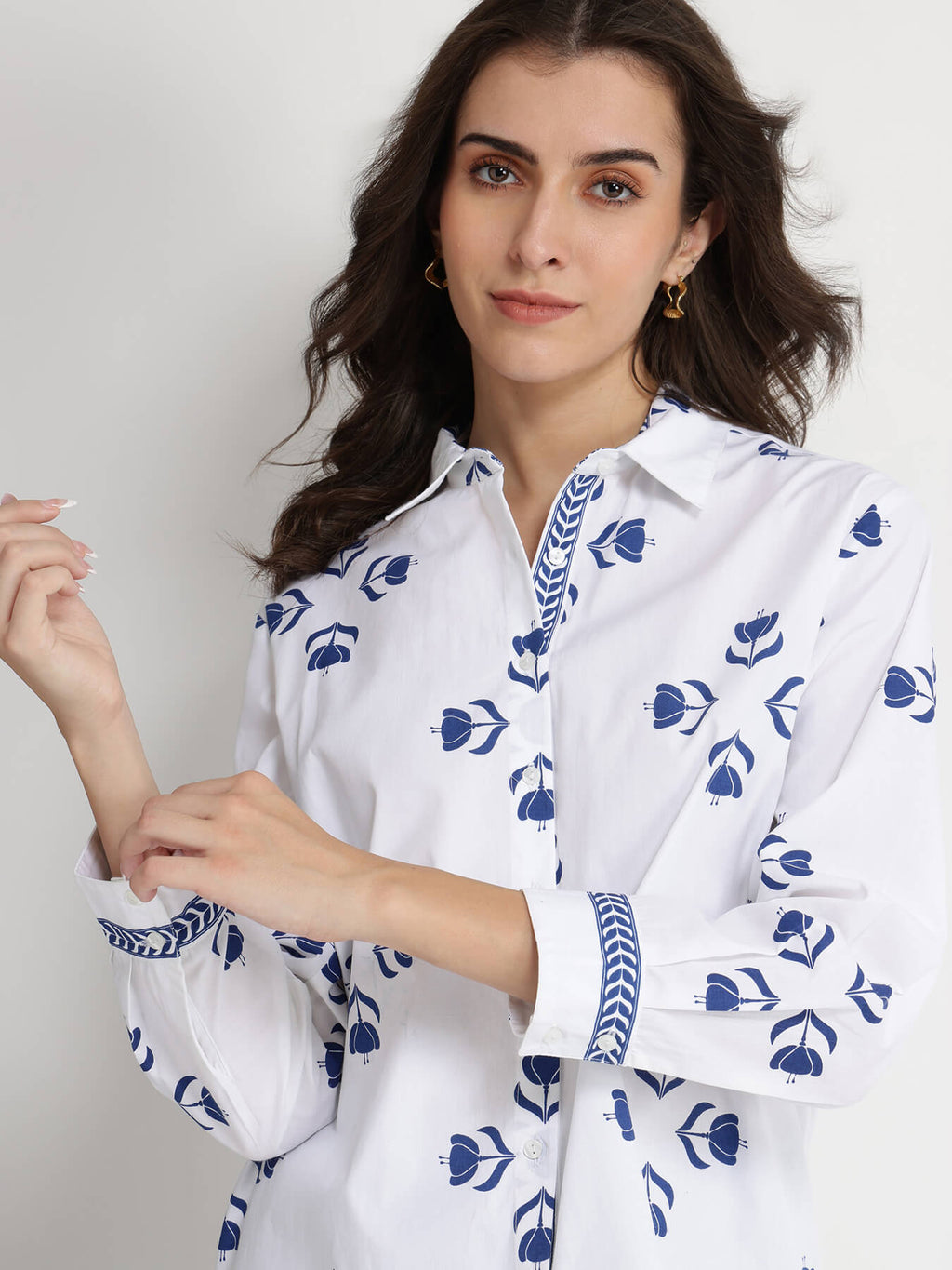 Cotton Floral Motif Shirt - Blue & White