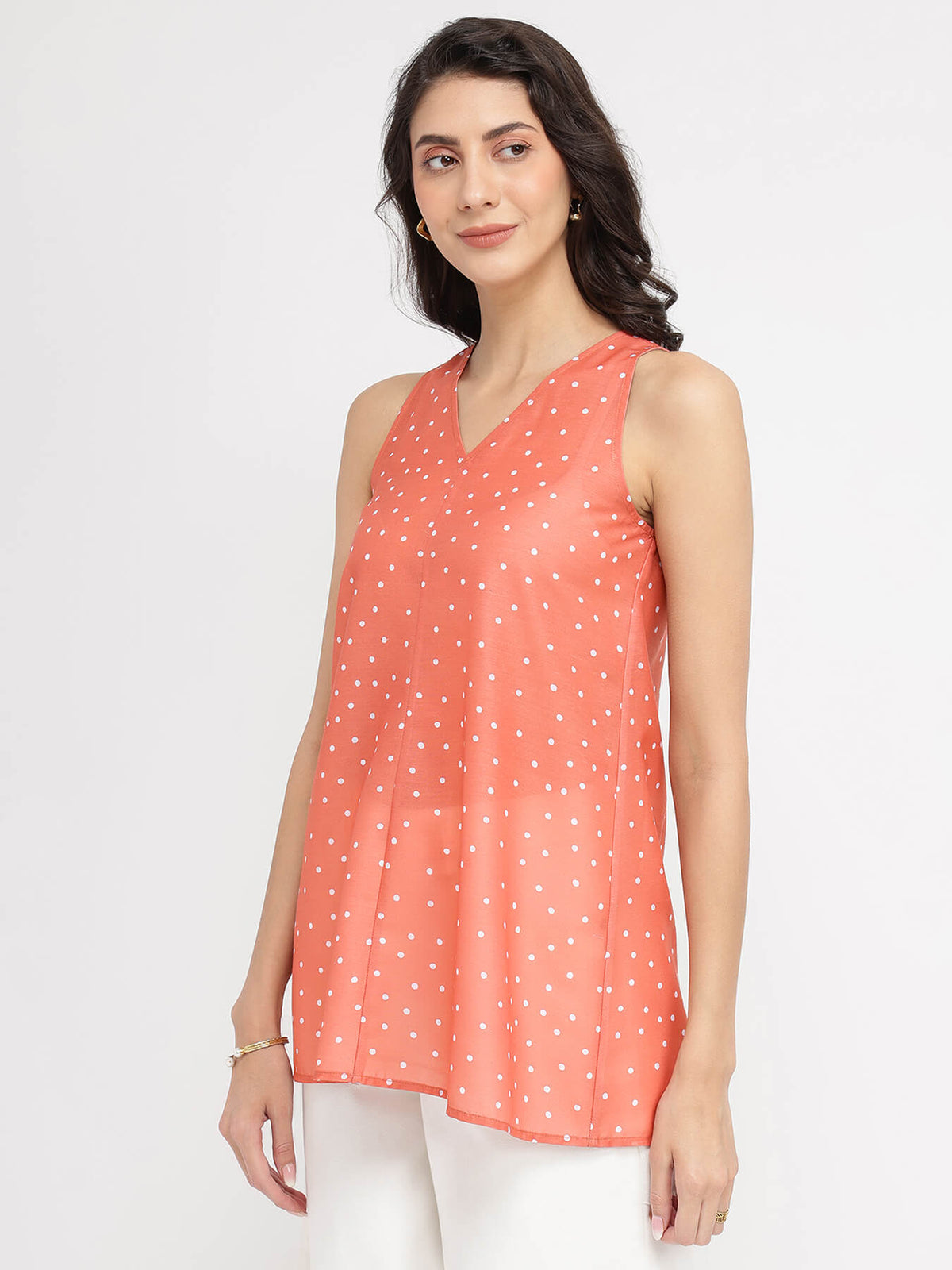 Polka Print Sleeveless Top - Peach & White