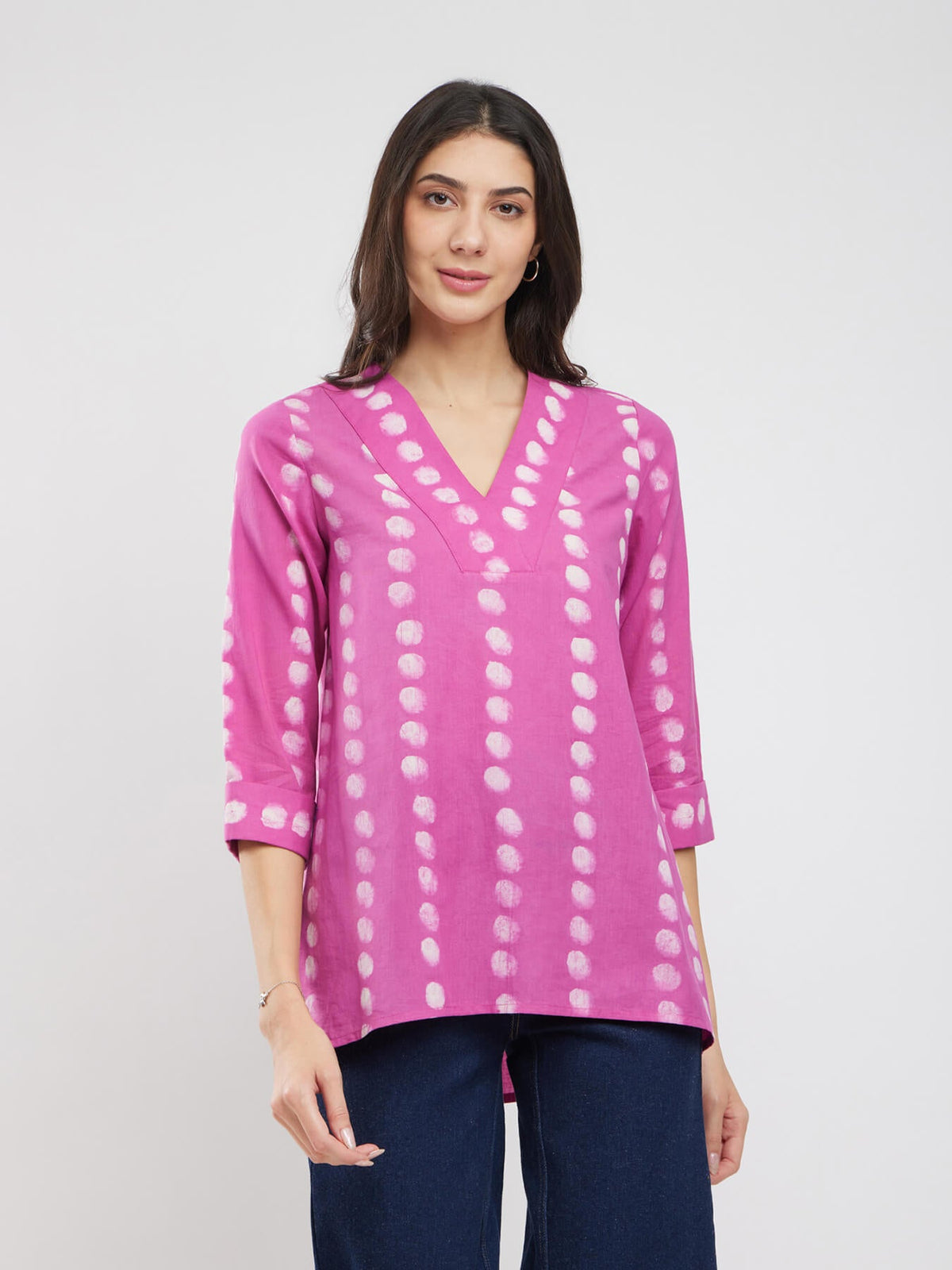 Cotton Polka Dabu Print Top - Pink