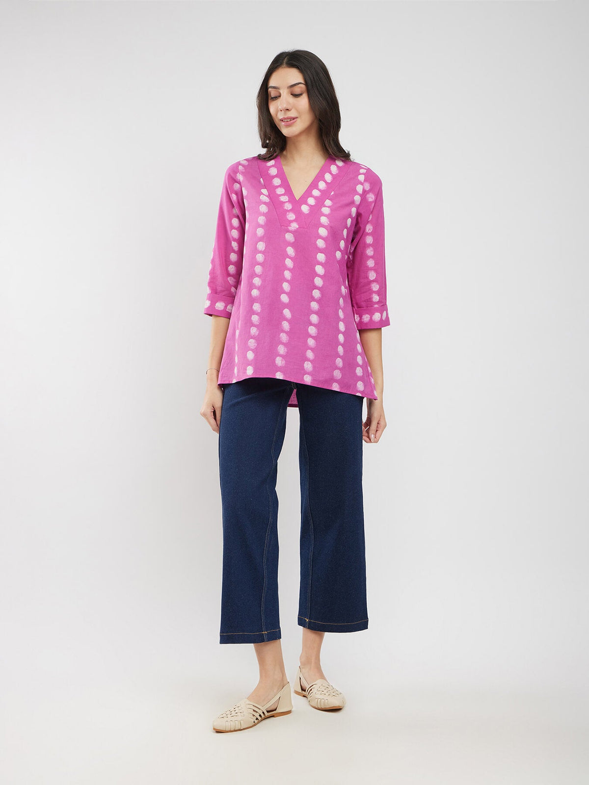 Cotton Polka Dabu Print Top - Pink