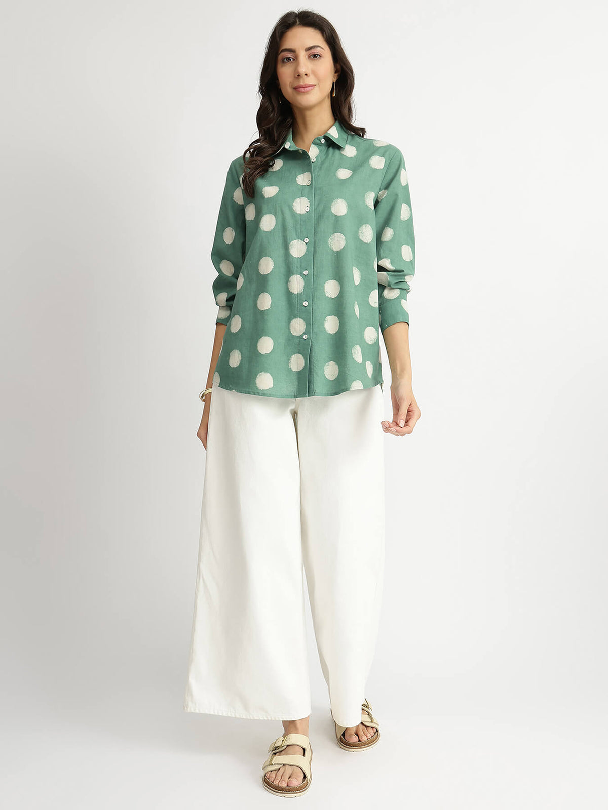 Cotton Polka Dabu Print Shirt - Green