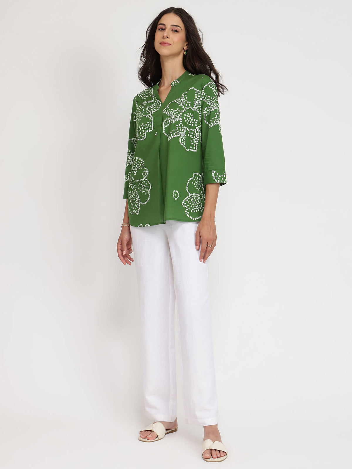 Cotton Bandhani Floral Pleated Top - Green