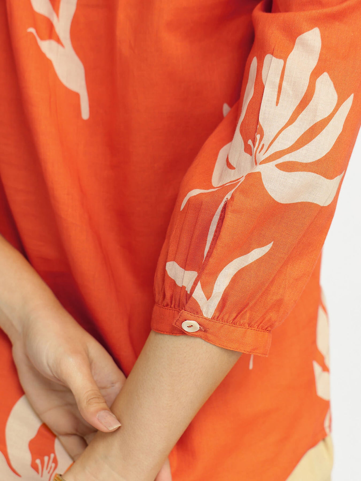Cotton Floral V-Neck Top - Orange