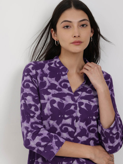 Cotton Dabu Floral Top - Purple