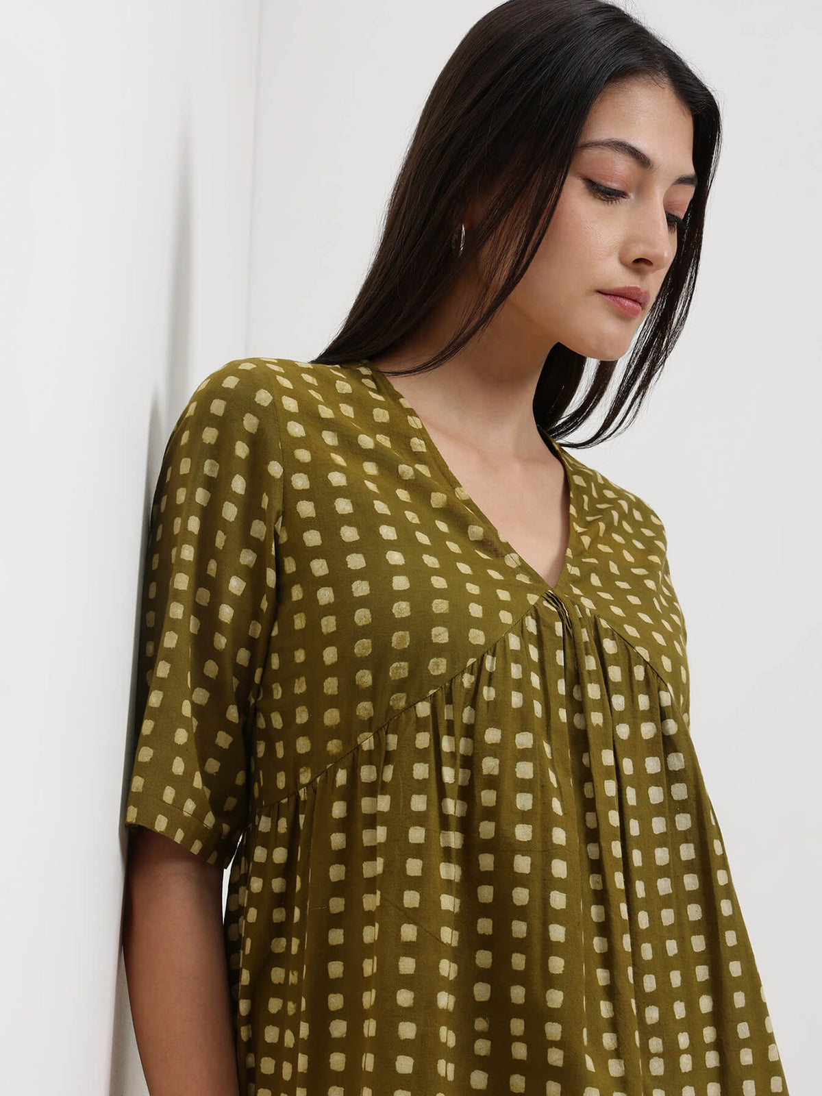 Cotton Geometric Dabu Print Top - Olive