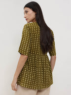 Cotton Geometric Dabu Print Top - Olive