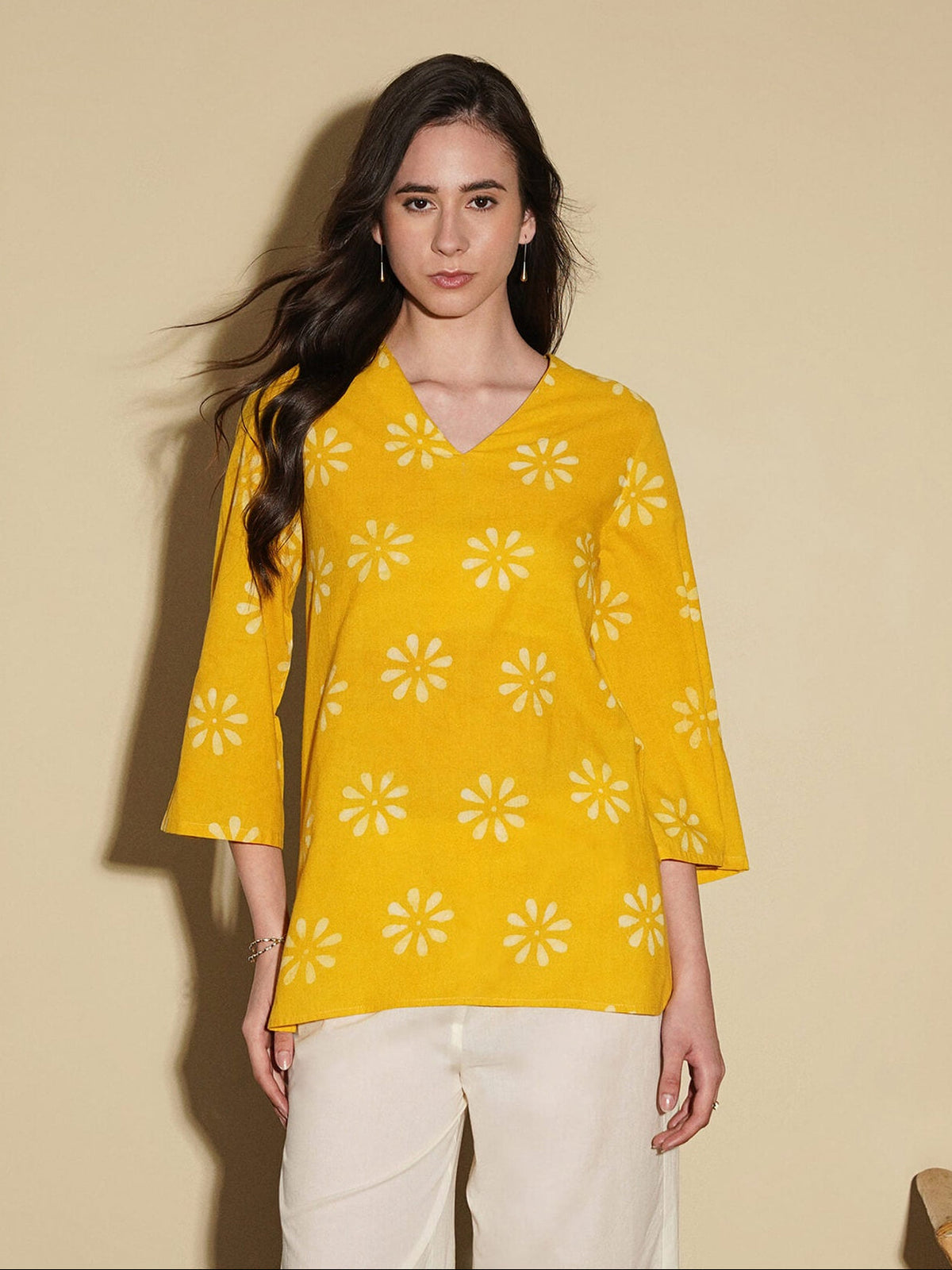 Cotton Dabu Floral Top - Yellow