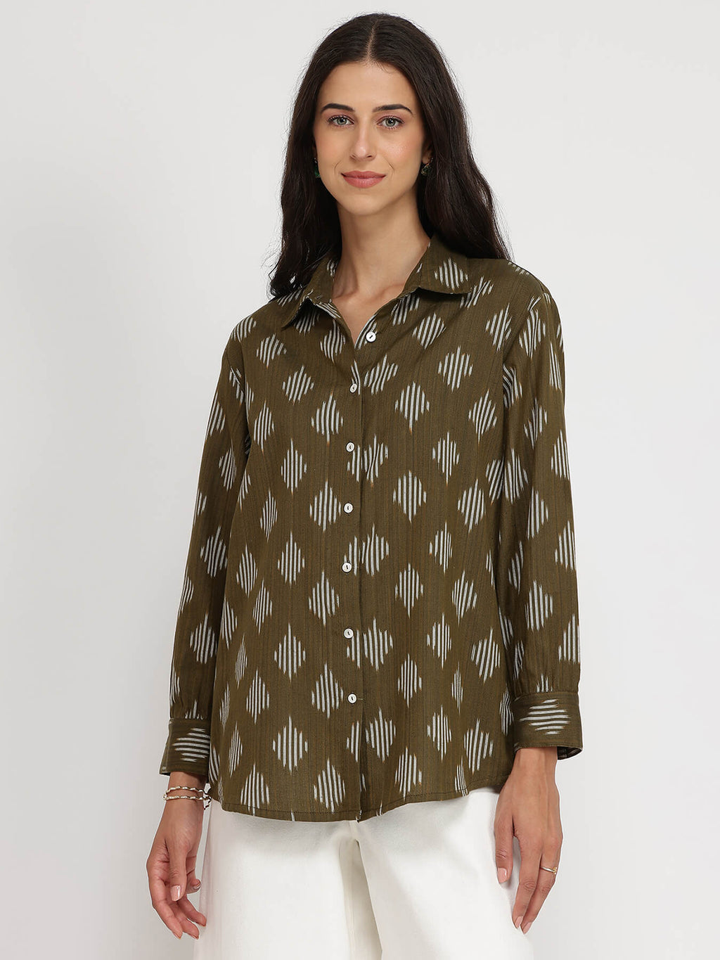 Cotton Ikat Full Sleeves Shirt - Olive