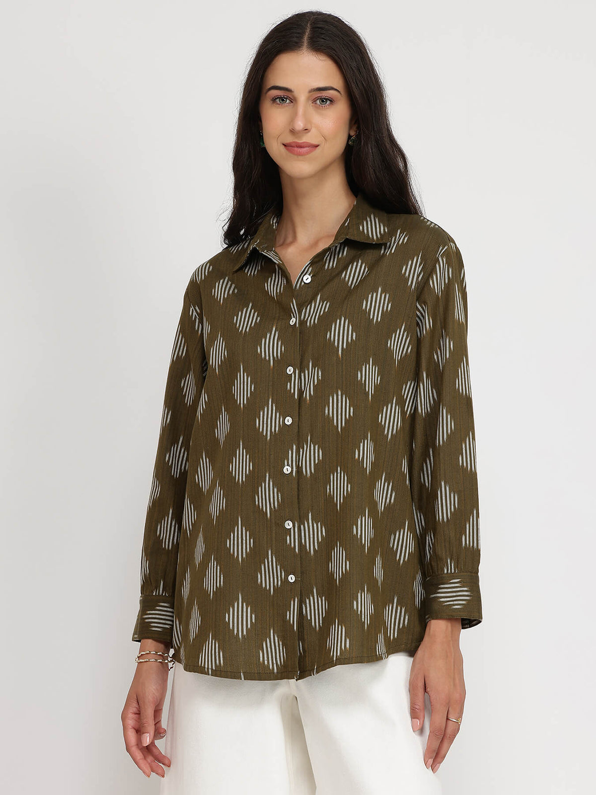 Cotton Ikat Full Sleeves Shirt - Olive