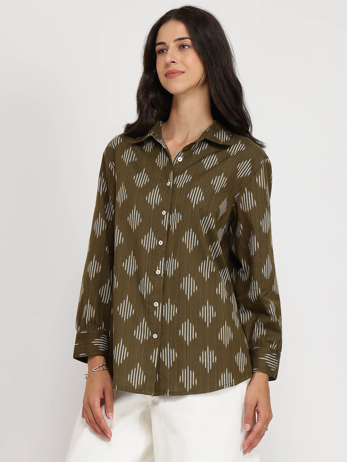 Cotton Ikat Full Sleeves Shirt - Olive