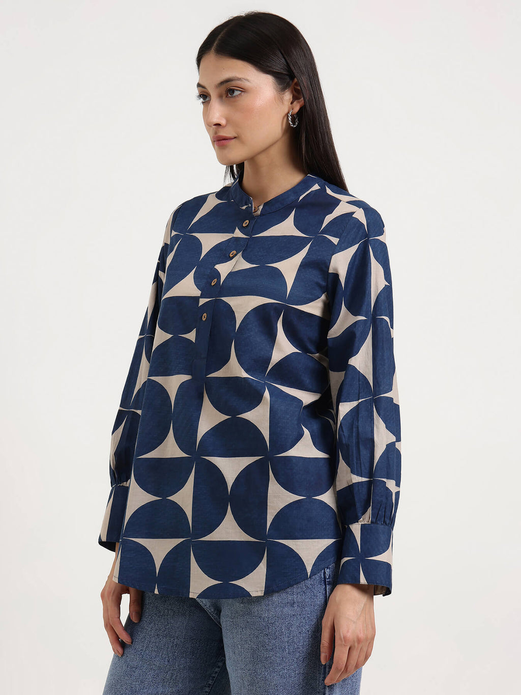Cotton Geometric Top - Beige & Blue