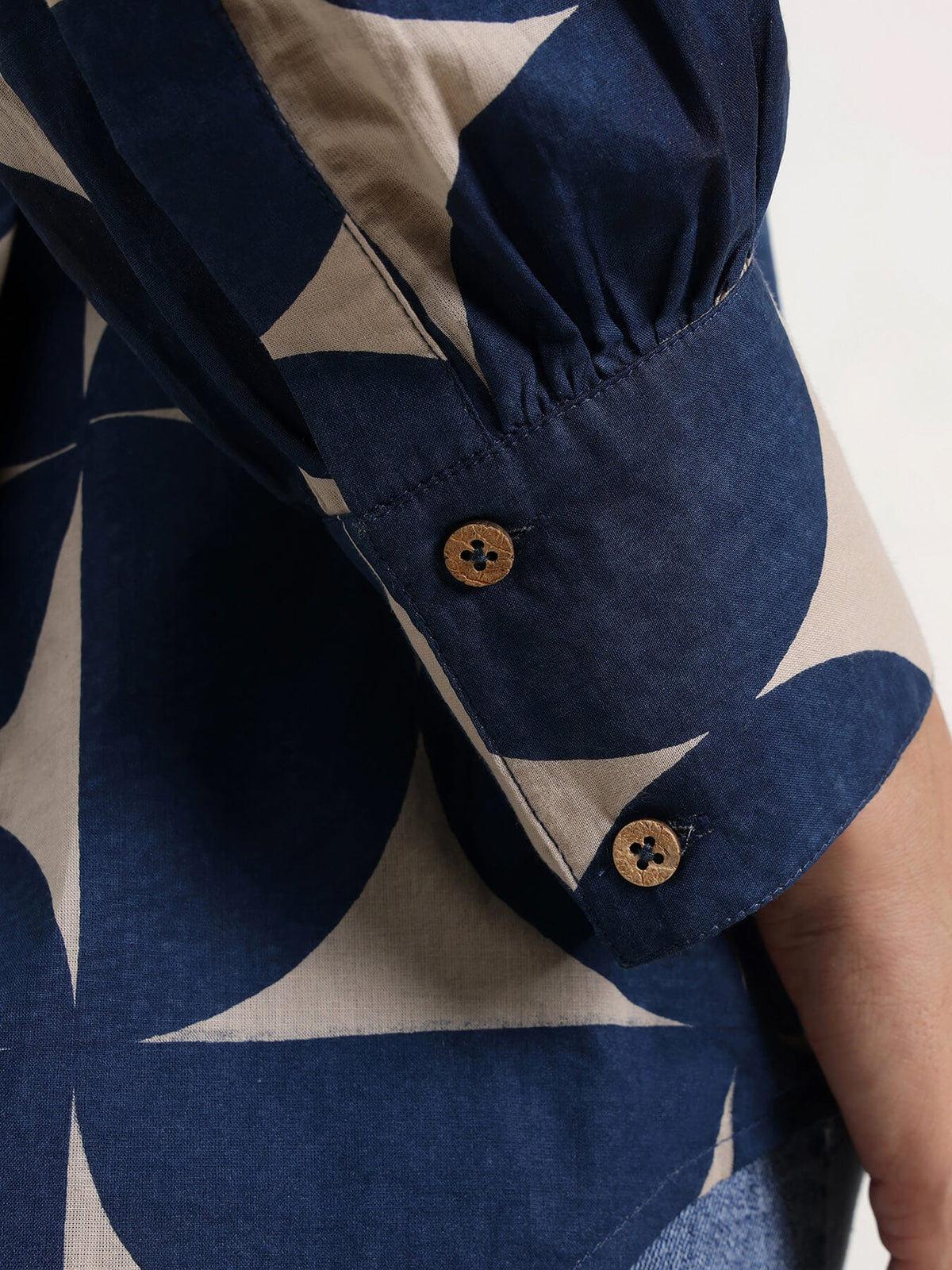 Cotton Geometric Top - Beige & Blue