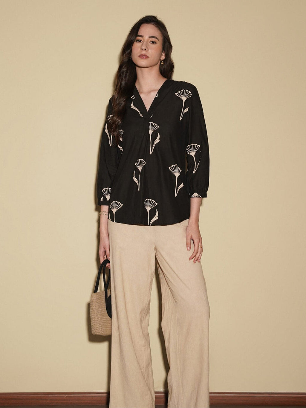 Cotton Floral Regular Top - Black