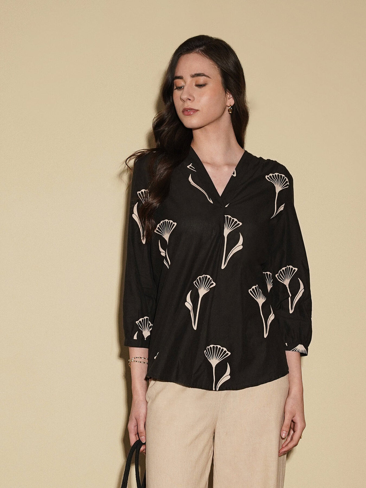 Cotton Floral Regular Top - Black