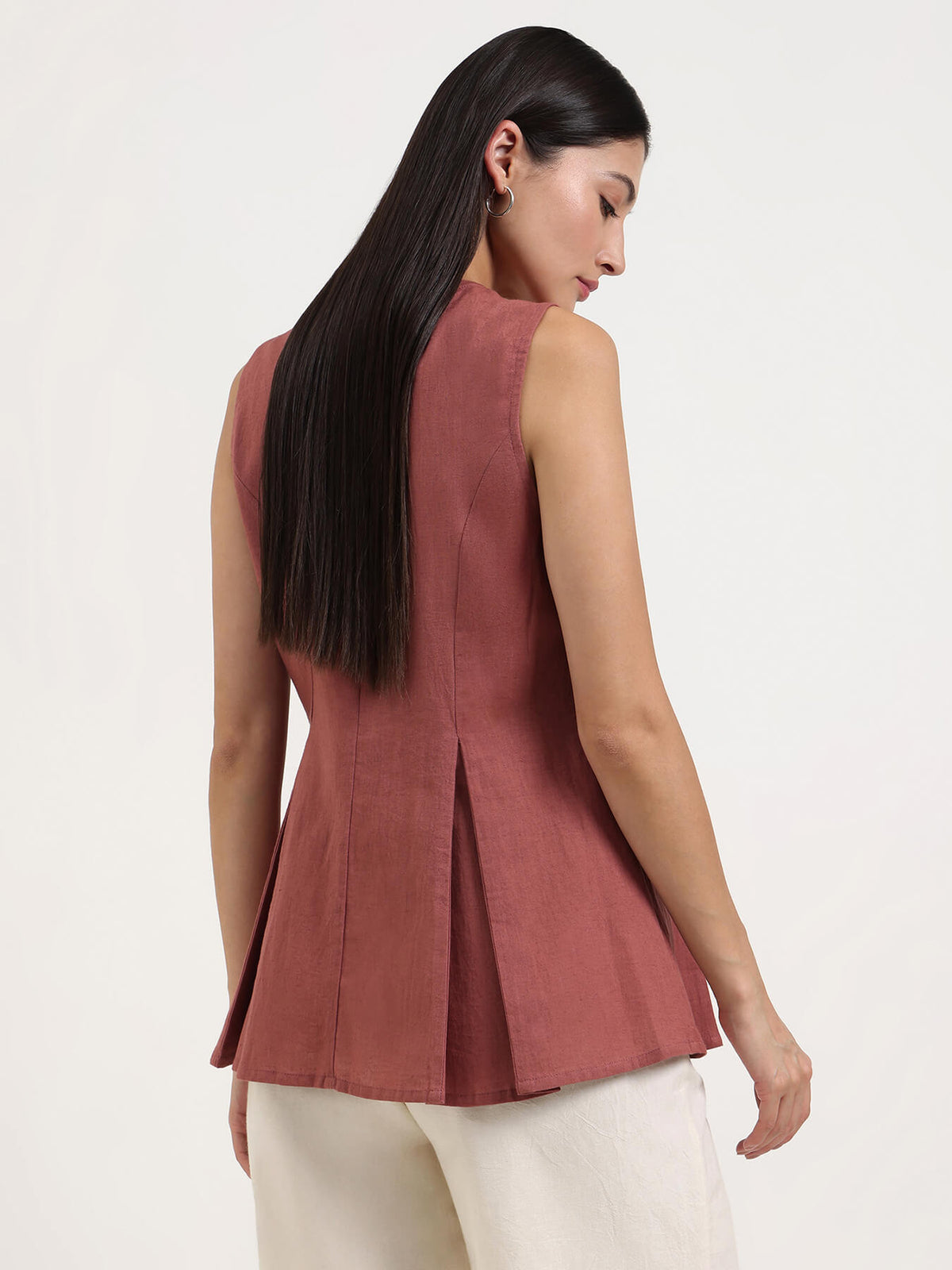 Linen Blend Solid Peplum Top - Rust