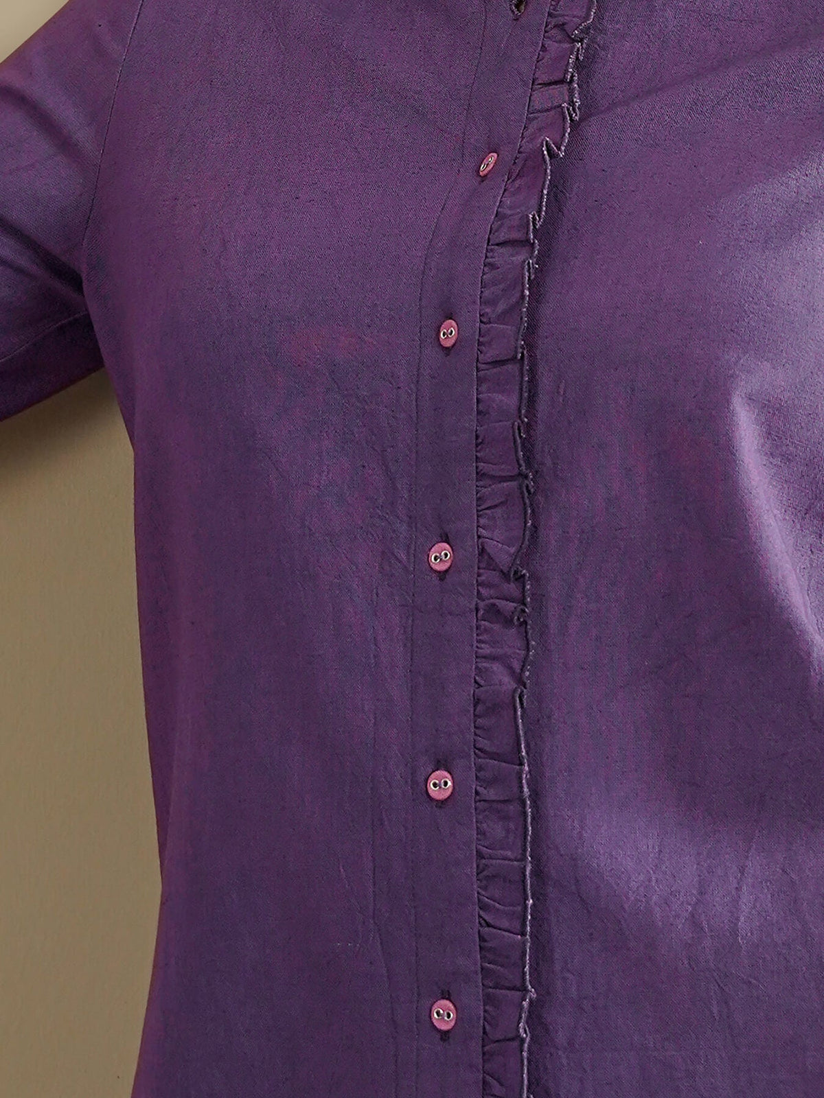 Linen Blend Solid Regular Top - Purple