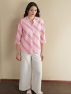 Cotton Striped Band Collar Top - Pink