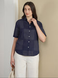 Cotton Geometric Shirt Style Top - Navy Blue