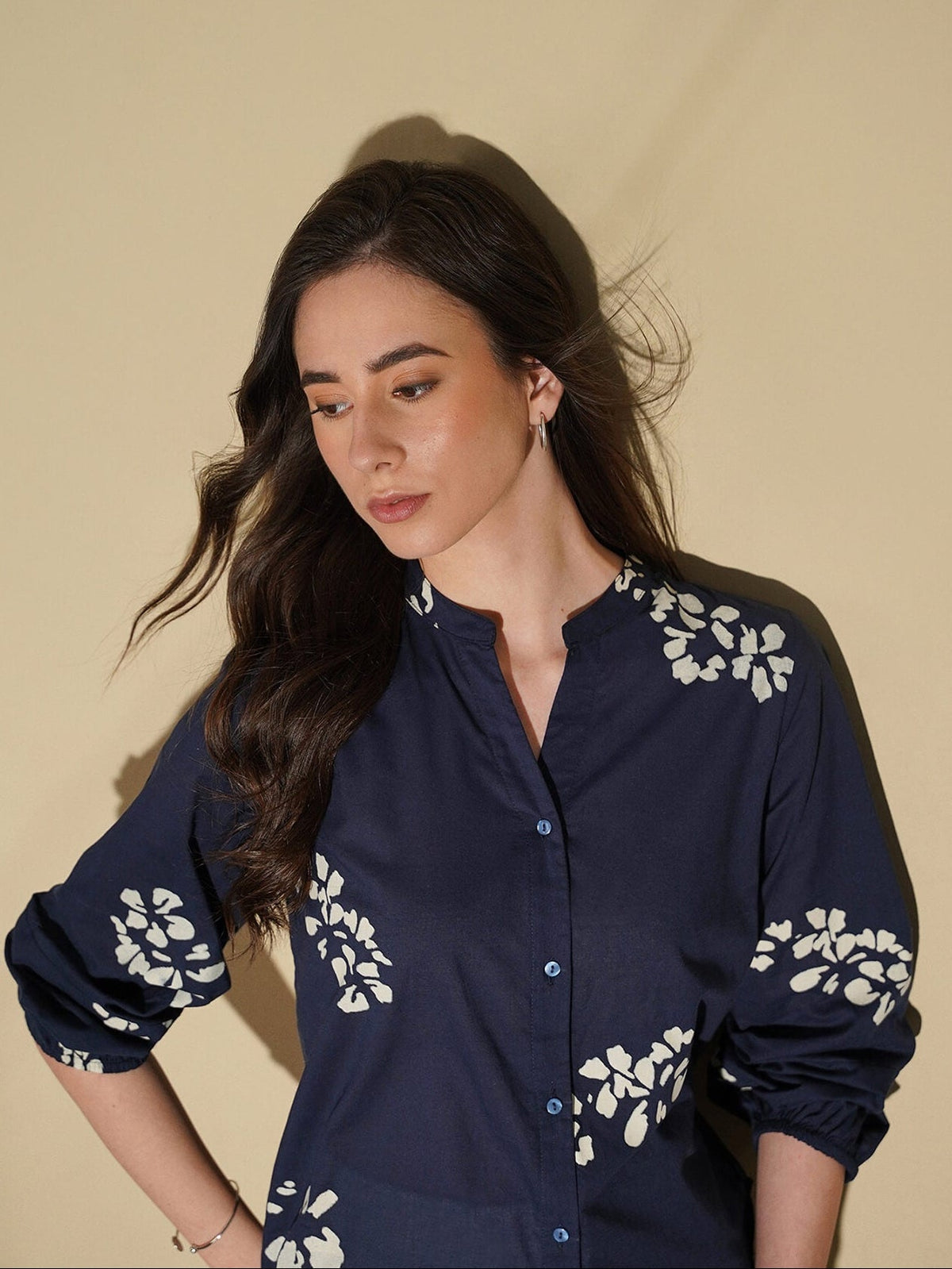 Cotton Floral Band Collar Top - Navy Blue
