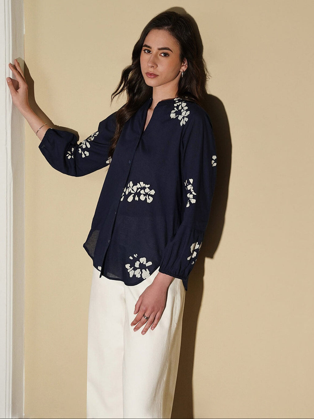 Cotton Floral Band Collar Top - Navy Blue