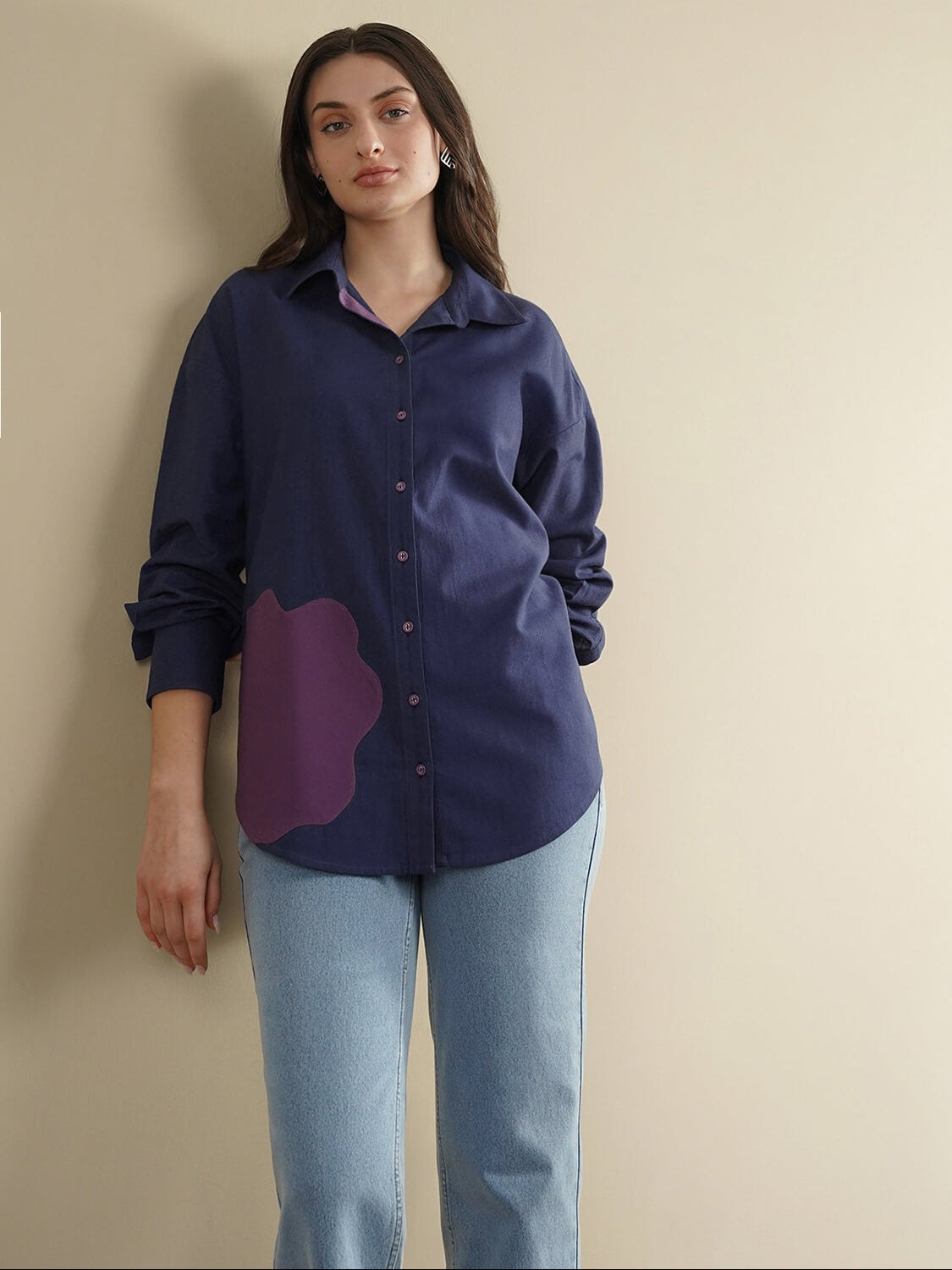 Linen Blend Floral Patchwork Shirt - Navy Blue